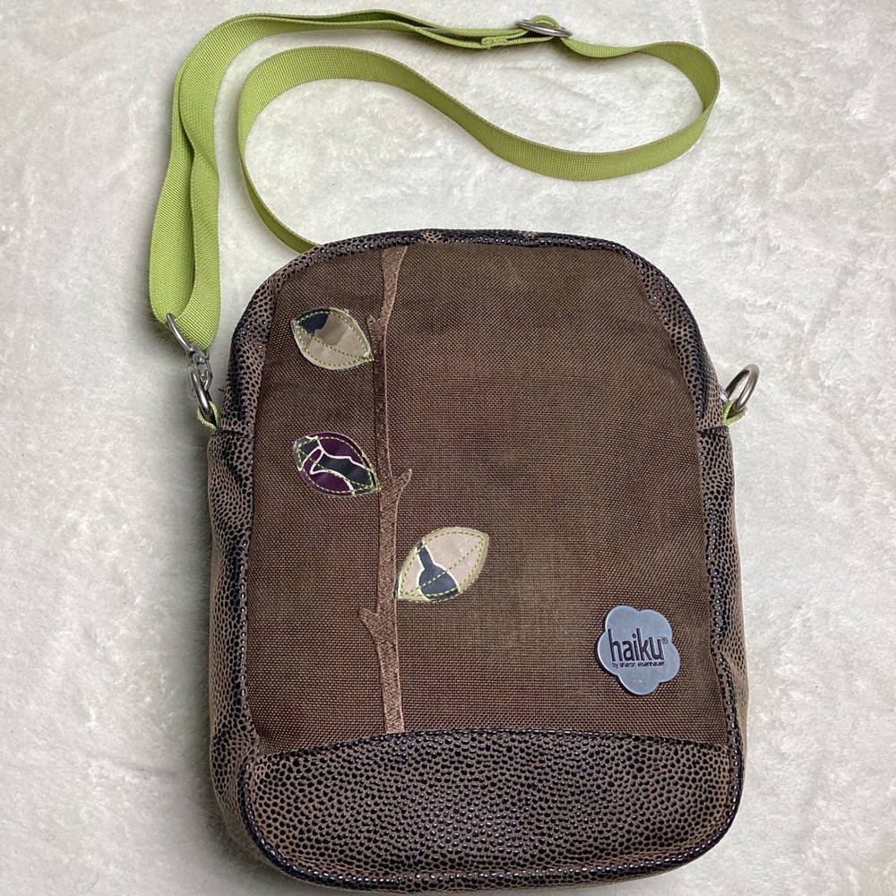 Haiku by Sharon Eisenhauer Brown Canvas Leaf Embroidered Crossbody Bag Messenger